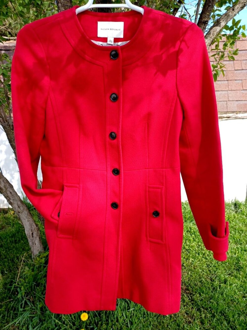 Banana Republic Red Midi Minimalist Collarless Car Coat Buttons Women Size L